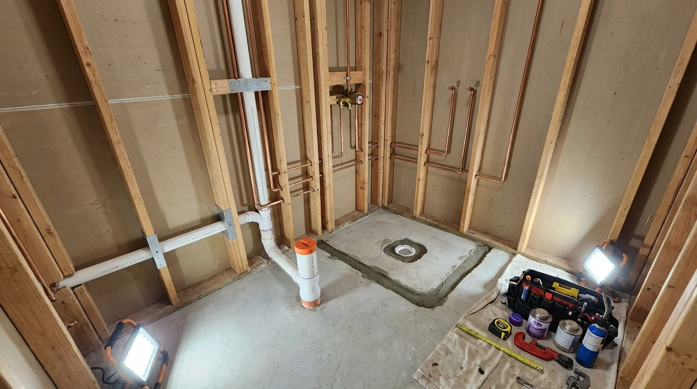 Bathroom rough-in plumbing during remodel by Johns Plumbing LLC in Shattuck