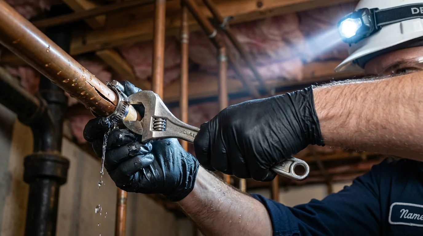 Emergency pipe clamp repair being performed by a Johns Plumbing LLC plumber in Shattuck