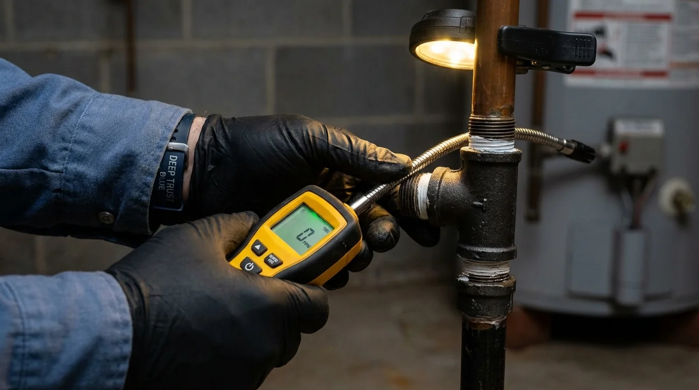 Gas leak detection with electronic sniffer by Johns Plumbing LLC in Shattuck