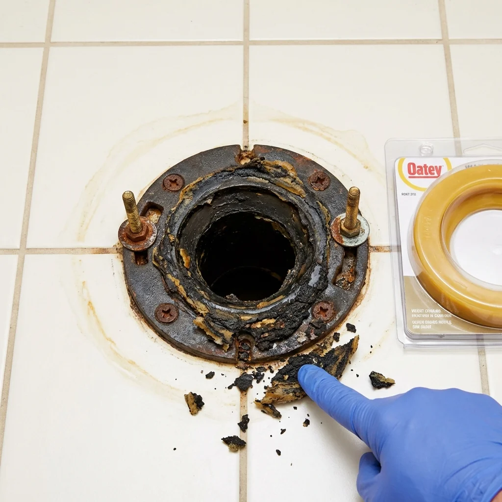 Failed wax ring showing water seepage at the base of a toilet in a Shattuck, OK home