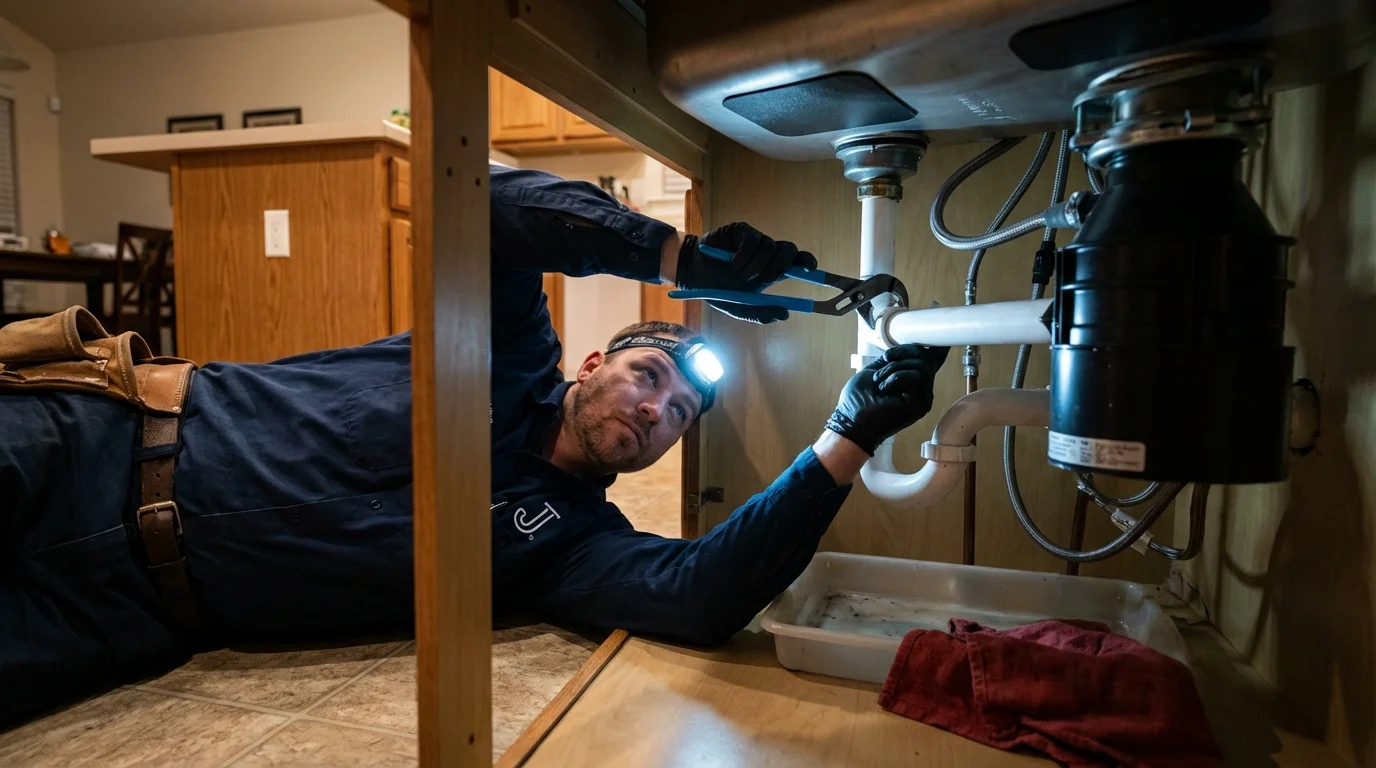 P-trap and supply line connections under a kitchen sink showing a common leak point in Shattuck, OK